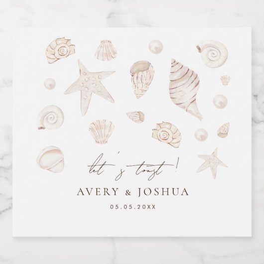 水彩貝類と真珠湾沿岸結婚の スパークリングワインラベル (シングルラベル)