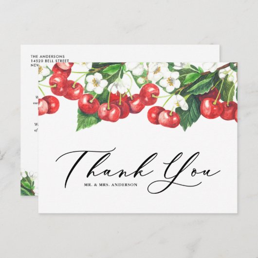 水彩赤いさくらんぼと花ありがとう ポストカード (正面/裏面)