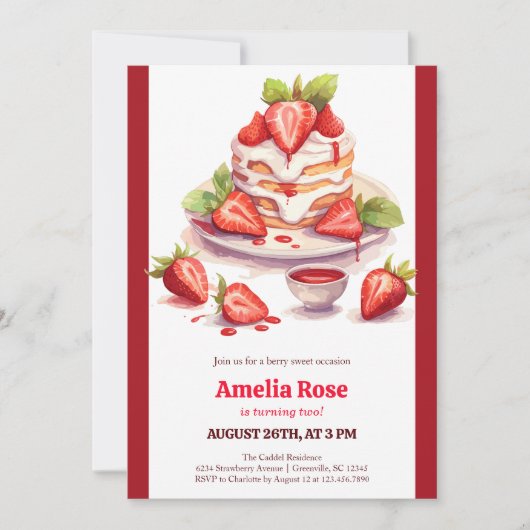 水彩赤いちごショートケーキ子供の誕生日 招待状 (正面)
