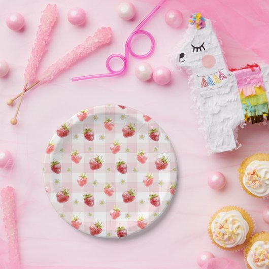 水彩赤いちごピンクプレイド ペーパープレート (パーティー)