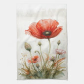 水彩赤いガーデンフラワーポピーフローラ キッチンタオル (縦)