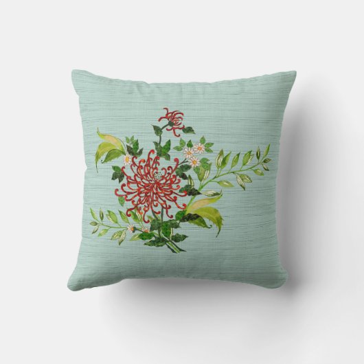 水彩赤いガーベラデイジーと緑のプラスチック クッション (裏面)