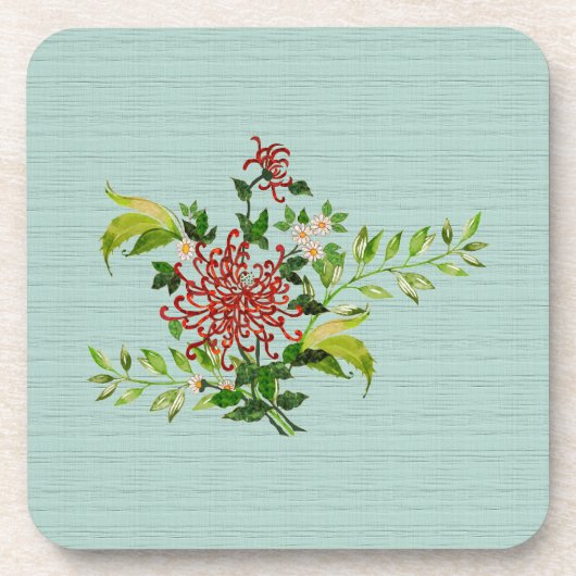 水彩赤いガーベラデイジーと緑のプラスチック コースター (正面)