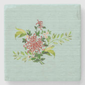 水彩赤いガーベラデイジーと緑の大理石 ストーンコースター (正面)