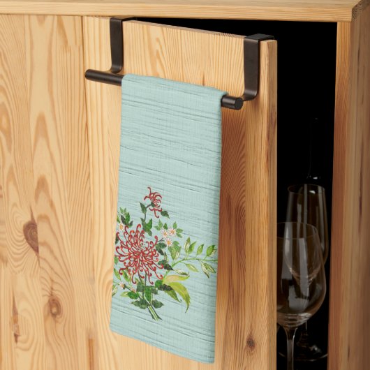 水彩赤いガーベラデイジーと緑 キッチンタオル (三つ折り)