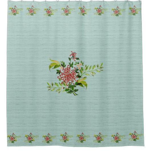 水彩赤いガーベラデイジーと緑 シャワーカーテン (正面)