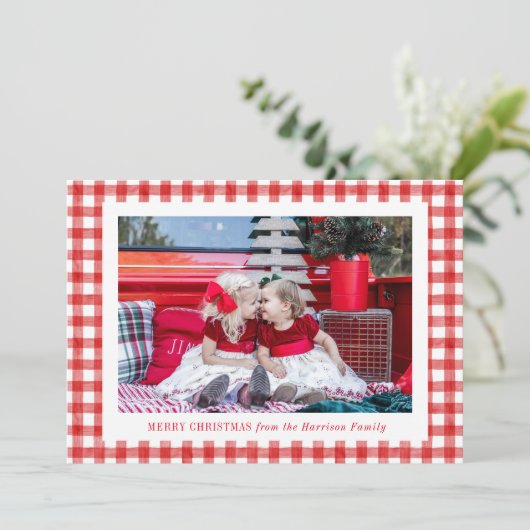 水彩赤いギンガム写真クリスマス シーズンカード (スタンド正面)