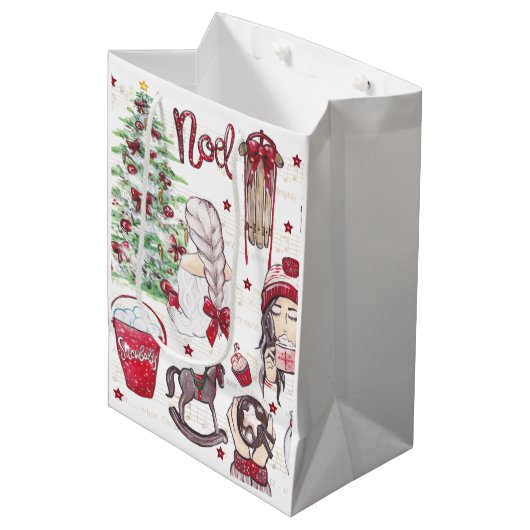 水彩赤いクリスマス ミディアムペーパーバッグ (正面アングル)