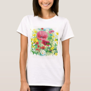 水彩赤いケシと黄色い花 Tシャツ