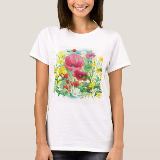 水彩赤いケシと黄色い花 Tシャツ (正面)