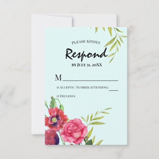 水彩赤いケシのピンクのローズストライプ結婚ズ 出欠カード (正面)