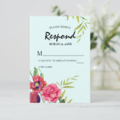 水彩赤いケシのピンクのローズストライプ結婚ズ 出欠カード (スタンド正面)