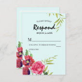 水彩赤いケシのピンクのローズストライプ結婚ズ 出欠カード (正面/裏面)
