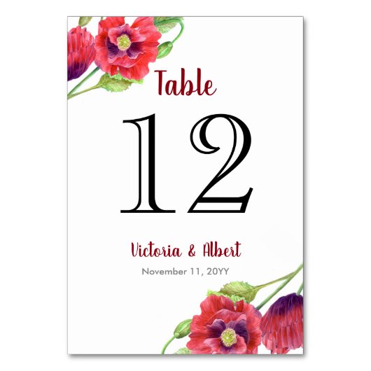 水彩赤いケシのフローラアート結婚 テーブルナンバー (裏面)