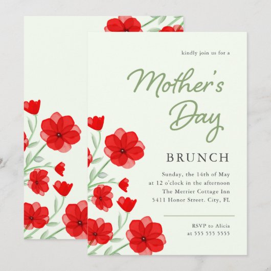 水彩赤いケシの花のマザーズデイブランシュ 招待状 (正面/裏面)
