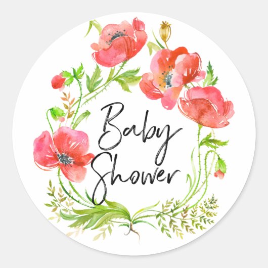 水彩赤いケシの花輪ベビーシャワー ラウンドシール (正面)