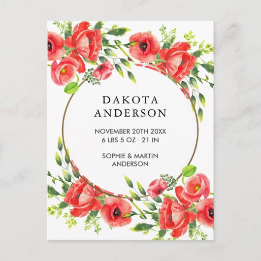 水彩赤いケシの誕生のお知らせ 案内ポストカード (正面)