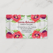 水彩赤いケシ灰色の木目パターン 名刺 (裏面)