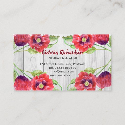 水彩赤いケシ灰色の木目パターン 名刺 (裏面)