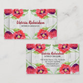 水彩赤いケシ灰色の木目パターン 名刺 (正面/裏面)