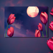 水彩赤いチューリップ、星と満月結婚の 出欠カード