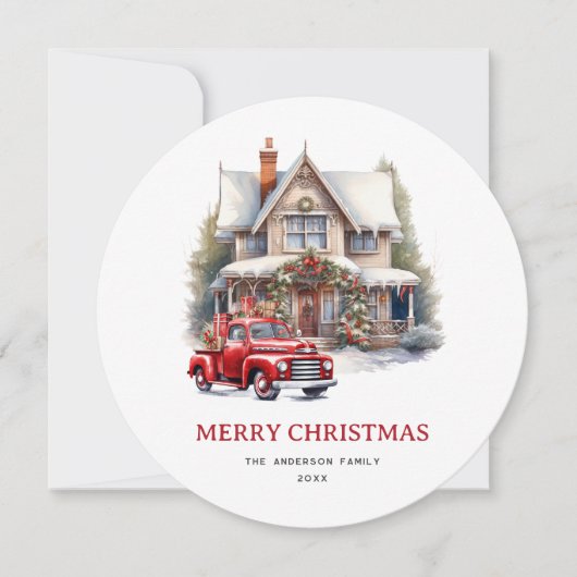 水彩赤いトラックハウスメリークリスマスカード シーズンカード (正面)
