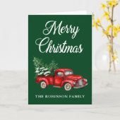 水彩赤いトラックメリークリスマスグリーンフォールド カード (黄色い花)
