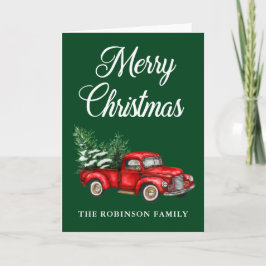 水彩赤いトラックメリークリスマスグリーンフォールド カード