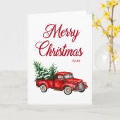 水彩赤いトラックメリークリスマスシーズン折り畳み カード (黄色い花)