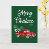 水彩赤いトラックメリークリスマスシーズン緑 カード (黄色い花)