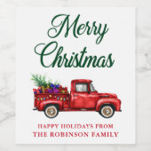 水彩赤いトラックメリークリスマスストリングライト ワインラベル (シングルラベル)