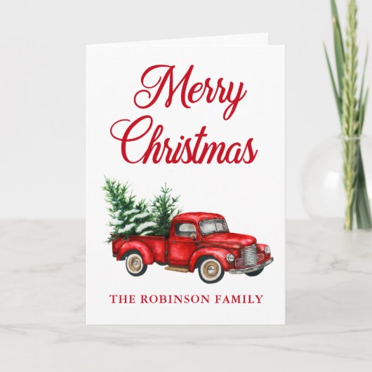 水彩赤いトラックメリークリスマスフォールディング カード (正面)
