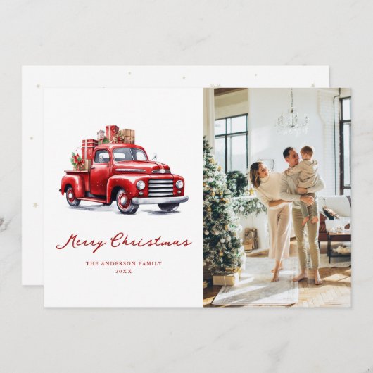 水彩赤いトラック写真メリークリスマスカード シーズンカード (正面/裏面)
