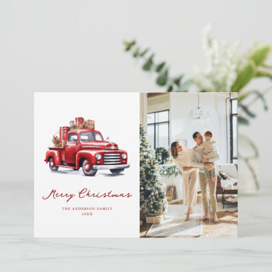 水彩赤いトラック写真メリークリスマスカード シーズンカード (スタンド正面)