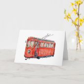 水彩赤いトロリーカーのグリーティングカード カード (黄色い花)