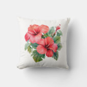 水彩赤いハイビスカス 熱帯の花 グリーン クッション (正面)