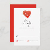 水彩赤いハートウェディングRSVPカード 出欠カード (正面/裏面)
