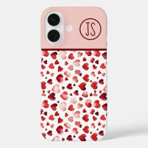水彩赤いハートバレンタインデーモノグラムの iPhone 16ケース