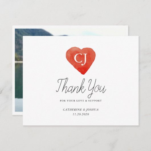 水彩赤いハート結婚の写真サンキューカード サンキューカード (正面/裏面)