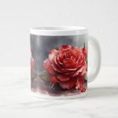 水彩赤いバラに露が乗った花びら ジャンボコーヒーマグカップ (正面右)
