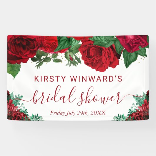 水彩赤いバラのウェディングシャワー歓迎 横断幕 (横)