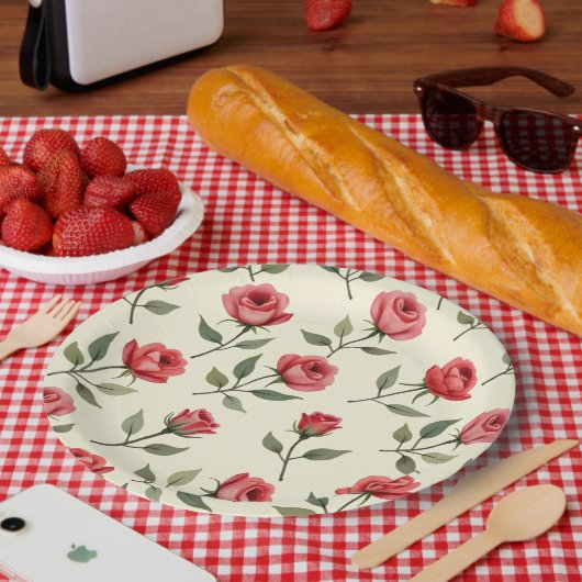 水彩赤いバラの紙皿 ペーパープレート (ピクニック)