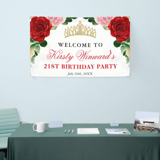 水彩赤いバラ歓迎バースデーパーティー 横断幕 (トレードショー)