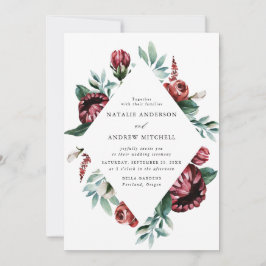 水彩赤いバラ&紫のフローラフレーム結婚ズ 招待状