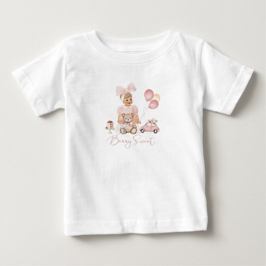 水彩赤いピンクのイチゴの女の子 ベリーTシャツ ベビーTシャツ (正面)