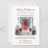 水彩赤いフロントドアメリークリスマス シーズンカード (正面)