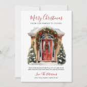 水彩赤いフロントドアメリークリスマス シーズンカード (正面)