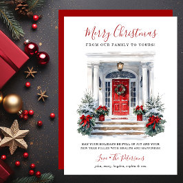 水彩赤いフロントドアメリークリスマス シーズンカード