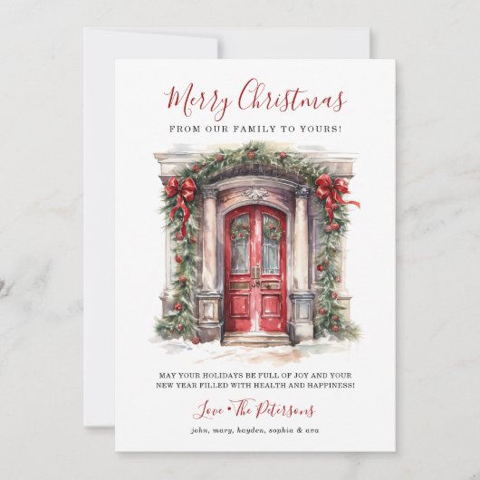 水彩赤いフロントドアメリークリスマス シーズンカード (正面)