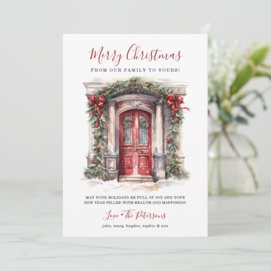 水彩赤いフロントドアメリークリスマス シーズンカード (スタンド正面)